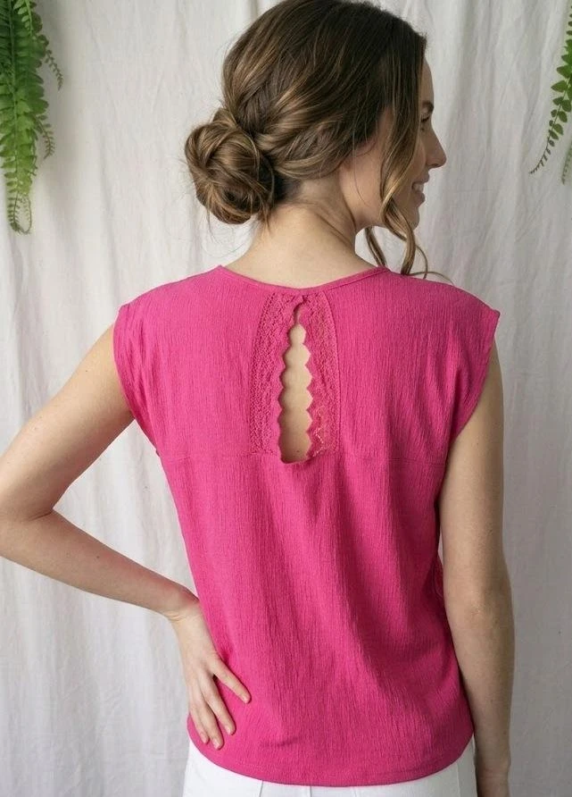Blusa fluida gola V mangas soltas rosa fúcsia costas detalhe renda "Vila"} – photo 6
